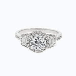 
          
          Load image into Gallery viewer, Aura Moissanite Round Halo Three Stone Pave Diamonds White Gold Ring
          
          