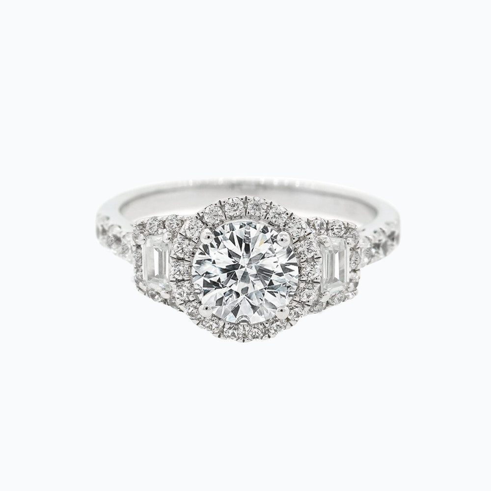 
          
          Load image into Gallery viewer, 1.50ct Aura Moissanite Round Halo Three Stone Pave Diamonds 18k White Gold Ring
          
          