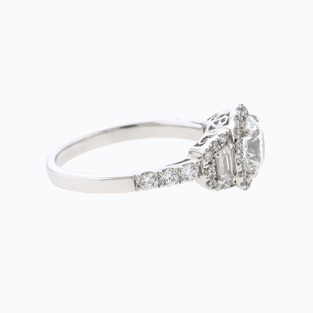 
          
          Load image into Gallery viewer, Aura Moissanite Round Halo Three Stone Pave Diamonds 18k White Gold Ring In Stock
          
          