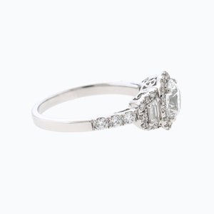 
          
          Load image into Gallery viewer, 1.50ct Aura Lab Diamond Round Halo Three Stone Pave Diamonds 18k White Gold Ring
          
          