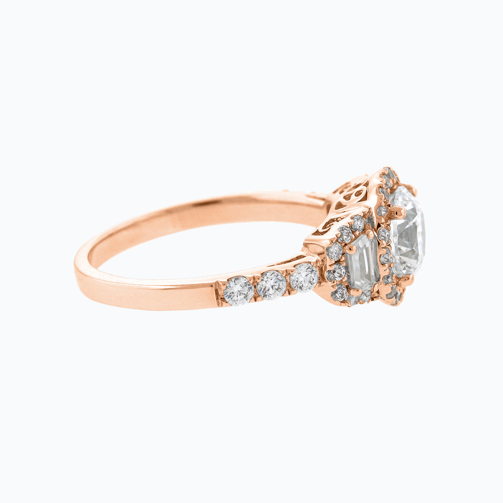
          
          Load image into Gallery viewer, Aura Round Halo Three Stone Pave Diamonds Ring 18K Rose Gold
          
          