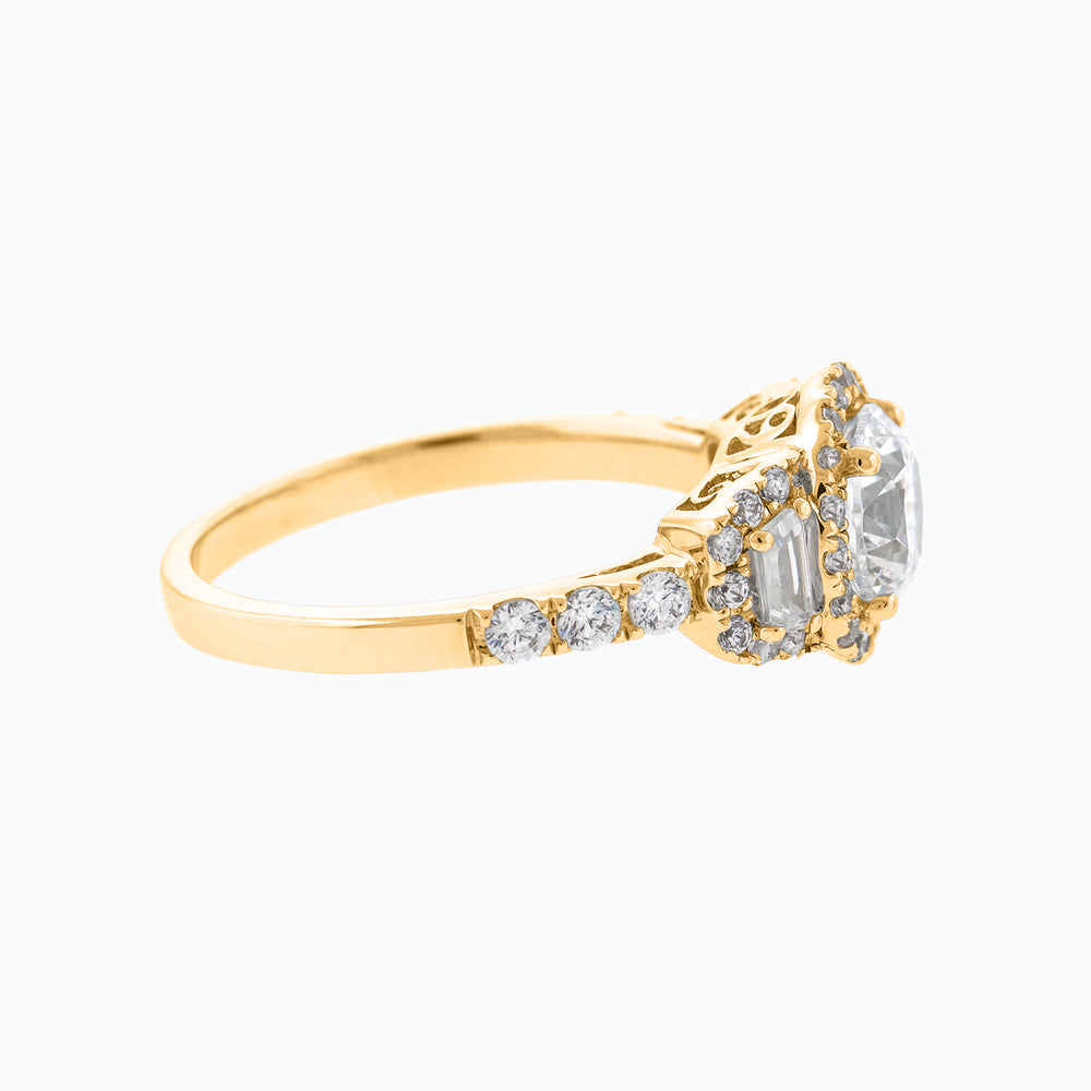 
          
          Load image into Gallery viewer, Aura Round Halo Three Stone Pave Diamonds Ring 14K Yellow Gold
          
          