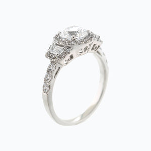 
          
          Load image into Gallery viewer, Aura Moissanite Round Halo Three Stone Pave Diamonds 18k White Gold Ring In Stock
          
          
