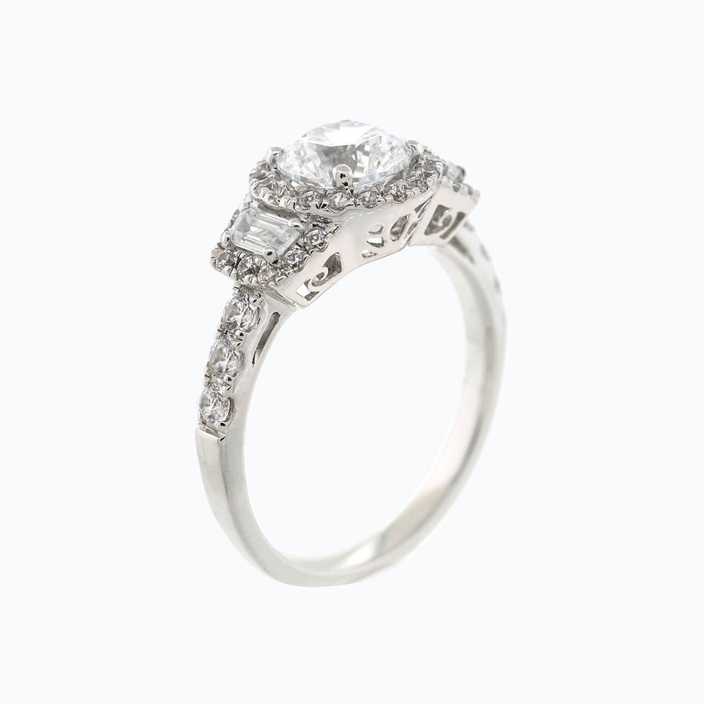 
          
          Load image into Gallery viewer, 1.25ct Aura Lab Diamond Round Halo Three Stone Pave Diamonds 18k White Gold Ring
          
          