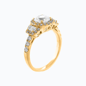 
          
          Load image into Gallery viewer, Aura Lab Created Diamond Round Halo Three Stone Pave Diamonds Yellow Gold Ring
          
          