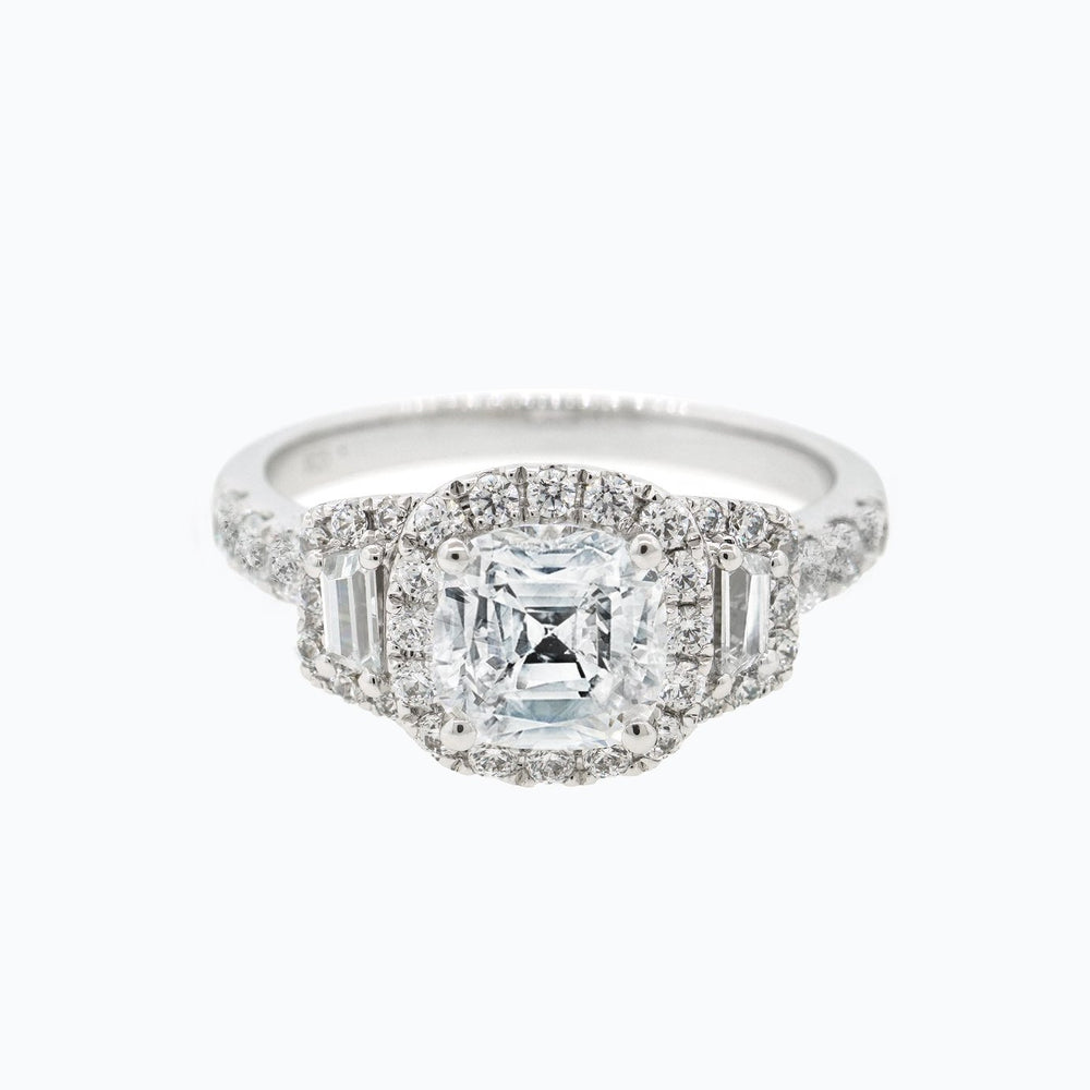 Maly Moissanite Cushion Halo Three Stone Pave Diamonds 18k White Gold Ring In Stock