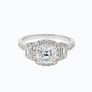 
          
          Load image into Gallery viewer, Maly Moissanite Cushion Halo Three Stone Pave Diamonds White Gold Ring
          
          