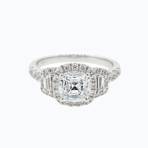 
          
          Load image into Gallery viewer, 1.50ct Maly Lab Created Diamond Cushion Halo Three Stone Pave Diamonds 18k White Gold Ring
          
          