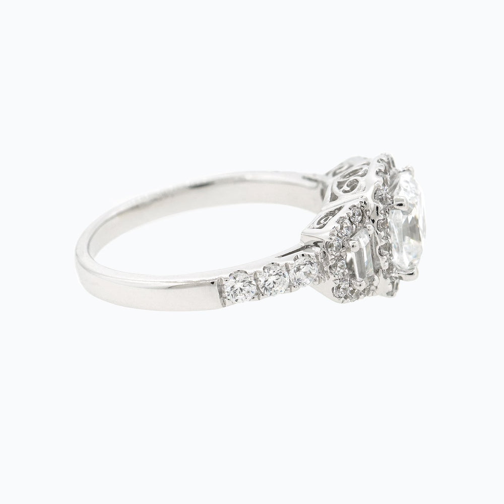
          
          Load image into Gallery viewer, Maly Moissanite Cushion Halo Three Stone Pave Diamonds White Gold Ring
          
          