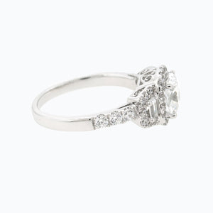 
          
          Load image into Gallery viewer, Maly Moissanite Cushion Halo Three Stone Pave Diamonds 18k White Gold Ring In Stock
          
          