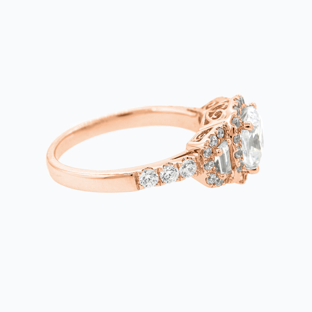
          
          Load image into Gallery viewer, Maly Lab Created Diamond Cushion Halo Three Stone Pave Diamonds Rose Gold Ring
          
          