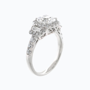 
          
          Load image into Gallery viewer, 2.00ct Maly Lab Created Diamond Cushion Halo Three Stone Pave Diamonds 18k White Gold Ring
          
          
