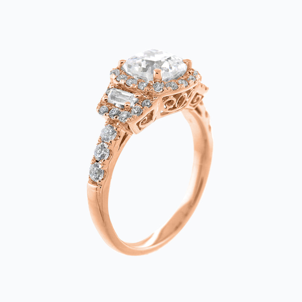 
          
          Load image into Gallery viewer, Maly Lab Created Diamond Cushion Halo Three Stone Pave Diamonds Rose Gold Ring
          
          