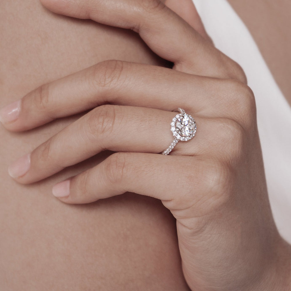 
          
          Load image into Gallery viewer, Anissa Moissanite Round Halo Pave Diamonds Platinum Ring
          
          