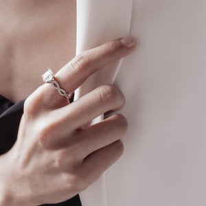 
          
          Load image into Gallery viewer, Amaya Lab Created Diamond Cushion Twist Pave Diamonds 18k White Gold Ring
          
          