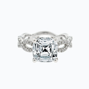
          
          Load image into Gallery viewer, Amaya Moissanite Cushion Twist Pave Diamonds 18k White Gold Ring In Stock
          
          