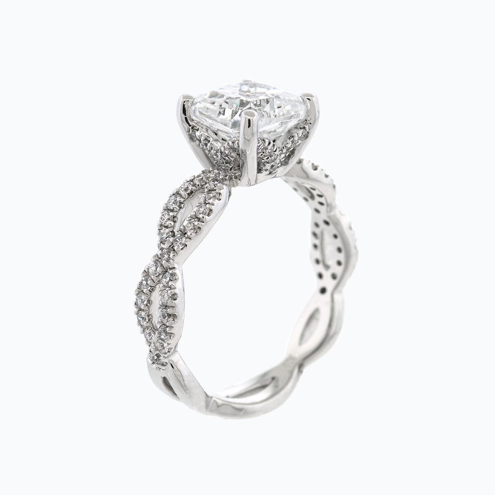 
          
          Load image into Gallery viewer, Amaya Moissanite Cushion Twist Pave Diamonds 18k White Gold Ring In Stock
          
          