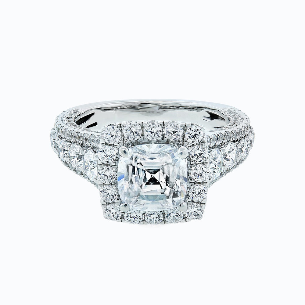 Elda Lab Created  Diamond Cushion Halo Pave Diamonds 18k White Gold Ring
