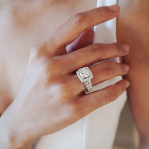 
          
          Load image into Gallery viewer, Elda Lab Created  Diamond Cushion Halo Pave Diamonds White Gold Ring
          
          