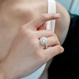 
          
          Load image into Gallery viewer, Teana Moissanite Round Halo Pave Diamonds Platinum Ring
          
          