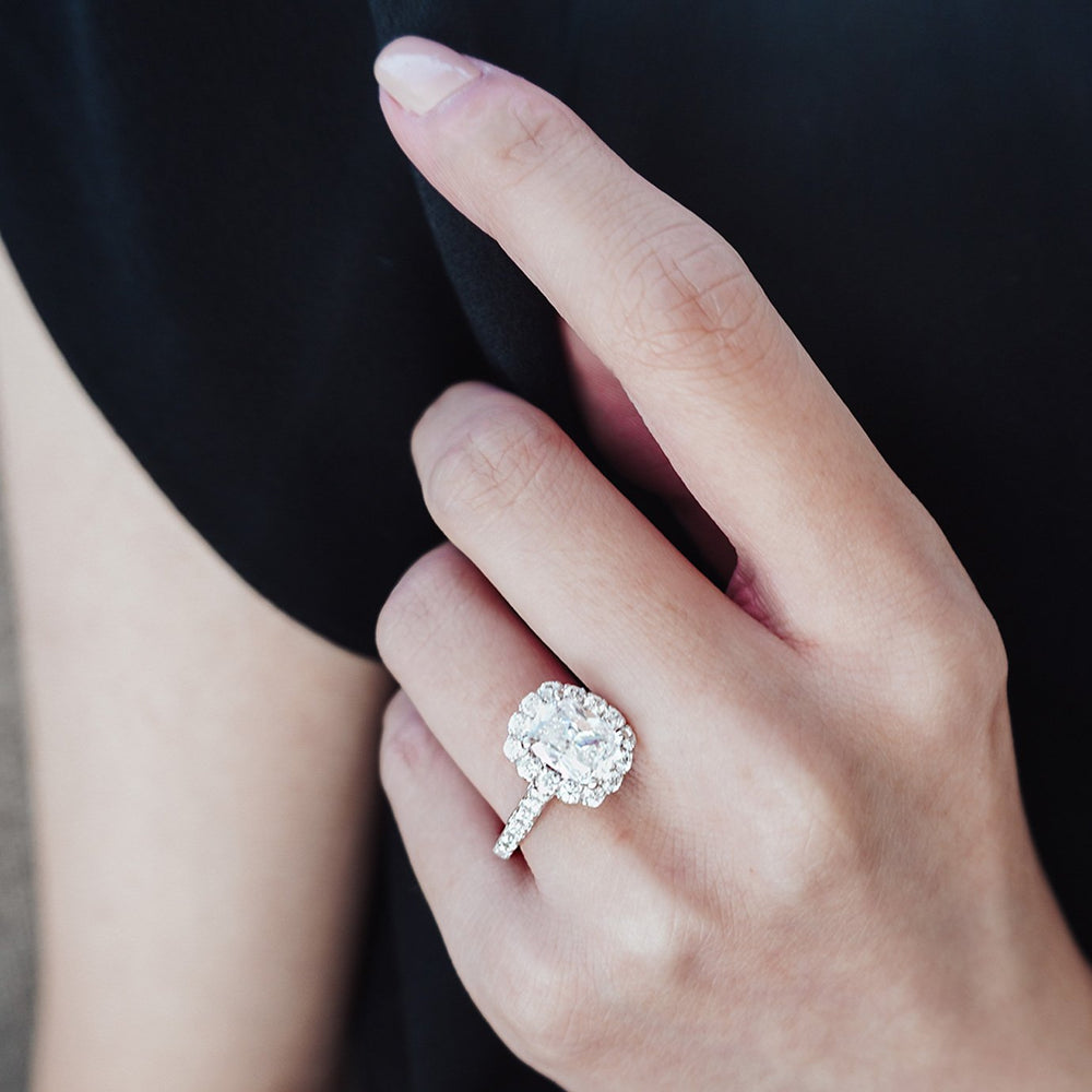 
          
          Load image into Gallery viewer, Naroza Lab Created Diamond Cushion Halo Pave Diamonds 18k White Gold Ring
          
          