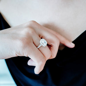 
          
          Load image into Gallery viewer, 1.70ct Naroza Moissanite Cushion Halo Pave Diamonds 18k White Gold Ring
          
          
