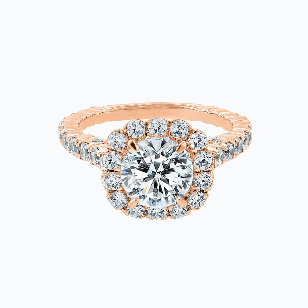 Nelia Moissanite Round Halo Pave Diamonds Rose Gold Ring