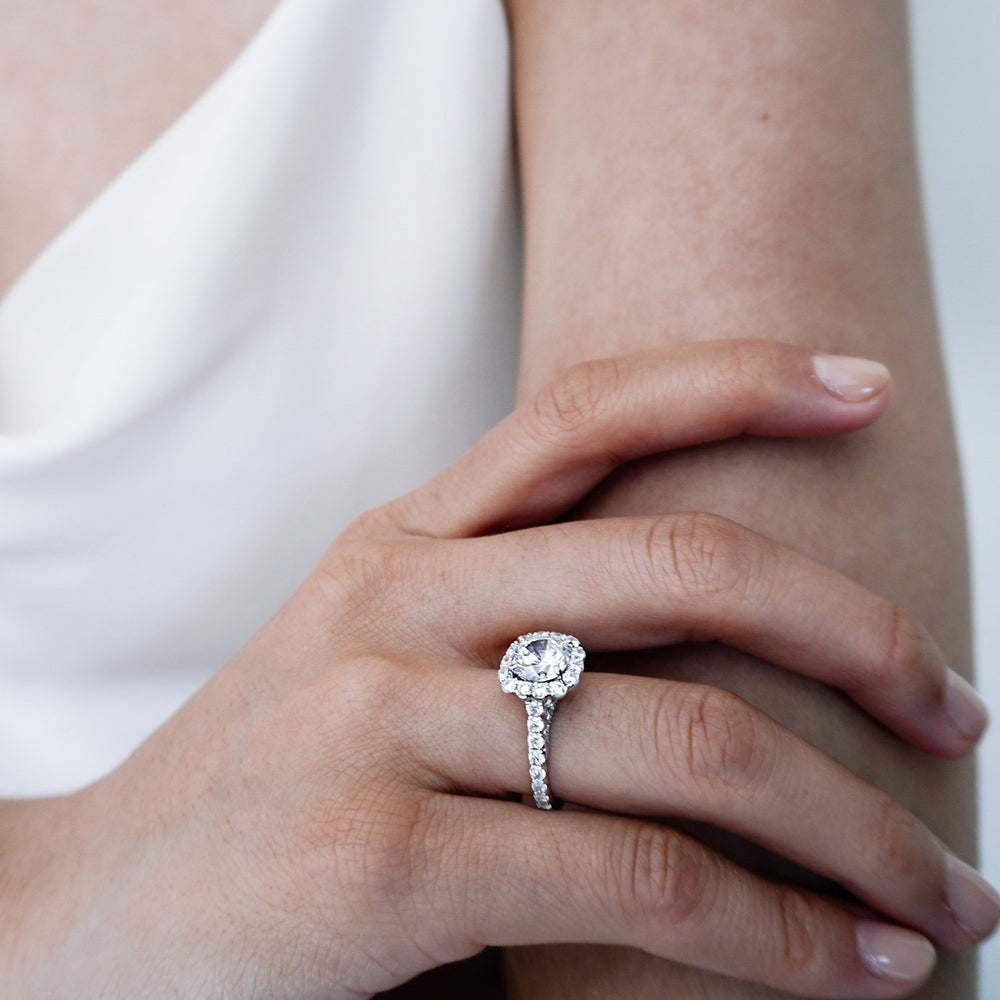 
          
          Load image into Gallery viewer, Nelia Lab Created Diamond Round Halo Pave Diamonds 18k White Gold Ring
          
          